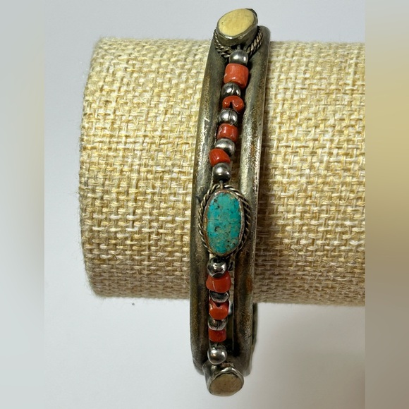 Vintage Jewelry - Vintage Turquoise Coral Ivory Bone Handcrafted Tribal Ethnic Bangle Bracelet